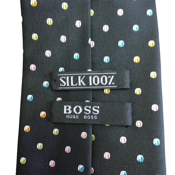 Hugo Boss Necktie 100% Silk Made in Italy Black with Multicolor Dots / Balls EUC - Picture 4 of 6